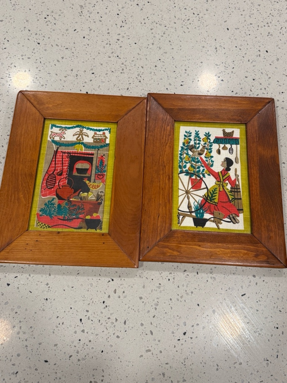 Vintage Wood Framed Folk Art Prints in Red, Green, Yellow